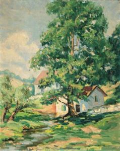 Countryside With Stream And Cottages by Allen Gilbert Cram