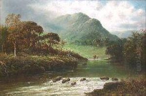 A Highland River Landscape With Fisherman by William J. Crampton