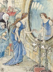 Five Illustrations For Arthur Kelly's The Rosebud And Other Tales -'the Mirror' (one Illustrated) by Walter Crane