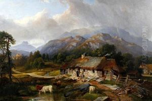 Woman And Cattle Before A Highland Croft by James Hall Cranstoun