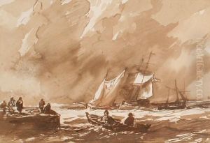 Shipping Off Harbour With Figures Onjetty by Edmund Thornton Crawford