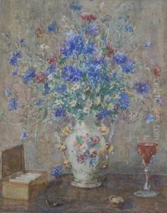 Still Life Of Flowers With A Wine Glass And A Cigarette Box by Lionel Townsend Crawshaw