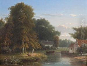 River Landscapes With Figures In A Boat Beside A Church