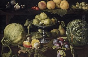 Figs On A Tazza, With Pears, Quinces, Melons, Plums, Mushrooms On Atable, With Figs, Cherries, Peaches, And Acorns On A Ledgeabove by Giovanni Battista Crescenzi
