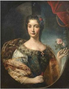 Ritratto Di Gentildonna Con Collo Di Pelliccia, Ventaglio E Rosa In Una Mano