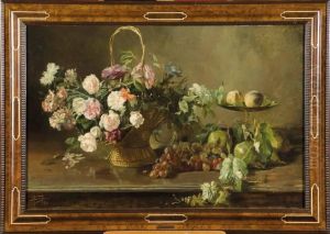 Nature Morte A La Corbeille De Fleurs Et Aux Fruits by Adolphe Crespin