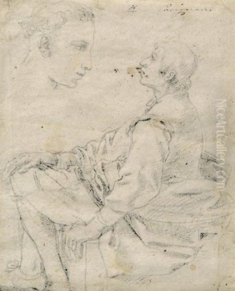 Etude D'un Homme Assis Et D'une Tete De Profil - view 1