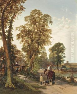 Figures And Animals On Along A River Bank, A Cottage And Windmill Beyond by Thomas Creswick