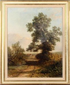 Country Scene With Tree And Cottage by Thomas Creswick