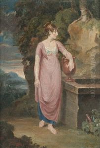 A Lady Standing Beside A Well In A Classical Landscape by Joshua Cristall