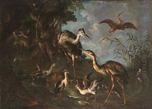 A Wooded Landscape With Heron, Kingfishers,ducks And Moorhens Beside A Pool
