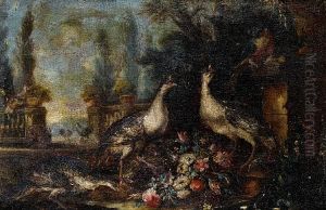 Pheasants And A Parrot Before An Italianategarden by Giovanni Crivelli, Il Crivellone