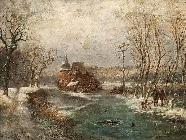 Winterlandschaft Mitjagern Und Hunden Vor Einer Burg - view 1