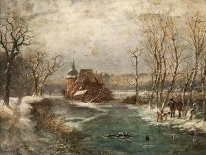 Winterlandschaft Mitjagern Und Hunden Vor Einer Burg
