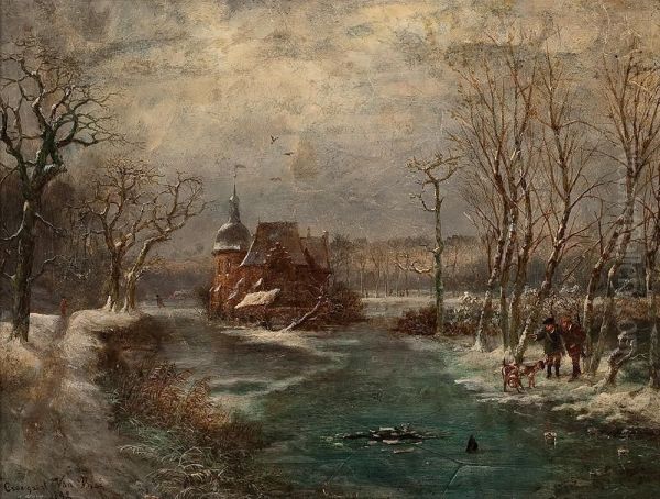Winterlandschaft Mit Jagern Und Hunden Vor Einer Burg - view 1