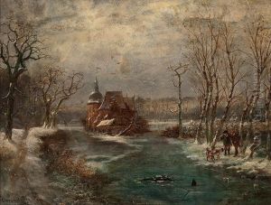 Winterlandschaft Mit Jagern Und Hunden Vor Einer Burg by Jean Croegaert-Van Bree