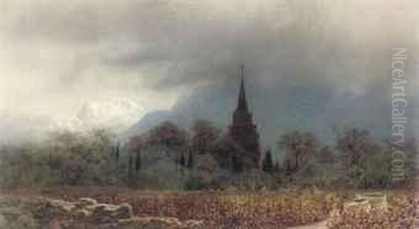 Figures Harvesting Grapes In An Alpine Vineyard - view 1