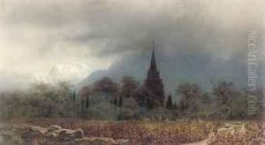 Figures Harvesting Grapes In An Alpine Vineyard by Arthur Croft