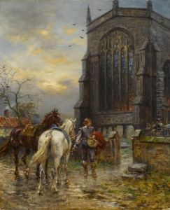 Musketier Mit Zwei Gesattelten Pferden Vor Einer Kathedrale