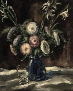 A Still Life With Flowers In A Blue Vase And A Glass