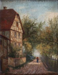 Bohmische Dorfstrase Mit Grosem Fachwerkhaus Und Bauerin by Carl Robert Croll