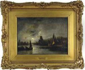 A Moonlit Village On A River by John Berney Crome