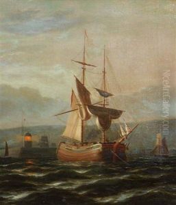 A Twin Masted Sailing Vessel Off A Harbour With Operating Lighthouse In Moonlit Waters