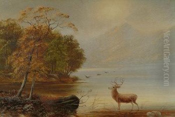 Misty Morning In The Highlands, Deer By A Loch Side, With Autumn Woodland And Hills Beyond, Companion Work By The Some Hand - view 1