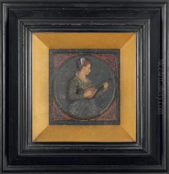 L'olive De Messire Joachim Du Bellay :femme A La Mandoline Relief En Cire Polychrome - view 1