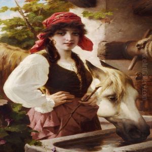 Italian Peasant Girl With A White Horse by Luigi Crosio