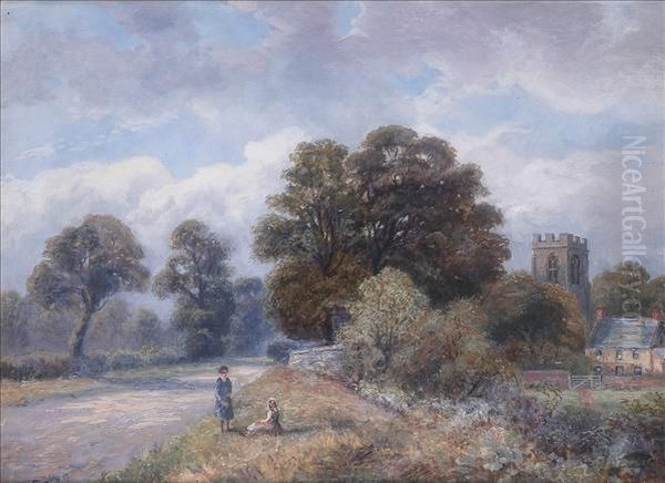 A Nottinghamshirevillage, Sunlit Summer Scene With Figures, Church And Farmhousebeyond - view 1