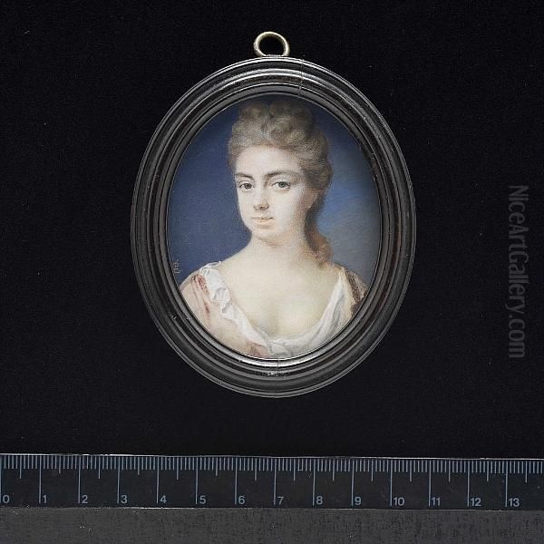 Theodosia Monckton (nee Osbaldeston), Wearing Pink Dress With White Underslip, Her Hair Curled High And Falling Over Her Left Shoulder. - view 1