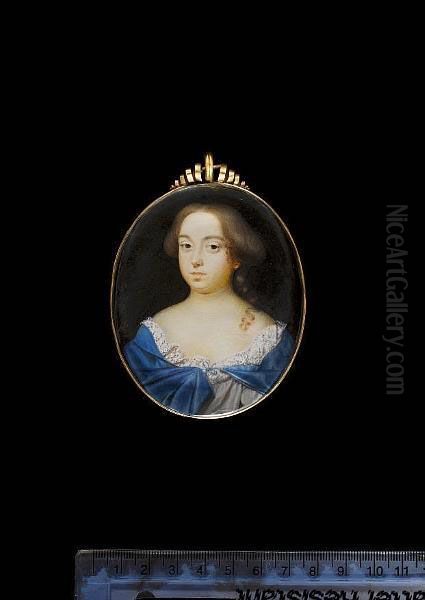 A Lady, Wearing White Dress With Pink And White Lace Trim, Blue Cape Tied With A Ribbon At Her Corsage, Her Hair Upswept With A Curl Falling Over Her Left Shoulder. - view 1