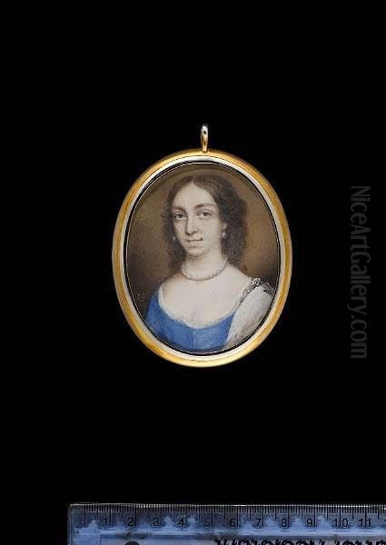 Katherine Duncourt, Wearing Blue Dress With White Underslip, White Cloak Over Her Left Shoulder, Pearl Necklace And Matching Earrings. - view 1