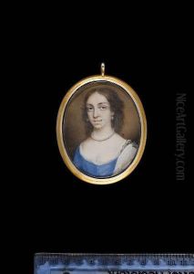 Katherine Duncourt, Wearing Blue Dress With White Underslip, White Cloak Over Her Left Shoulder, Pearl Necklace And Matching Earrings.