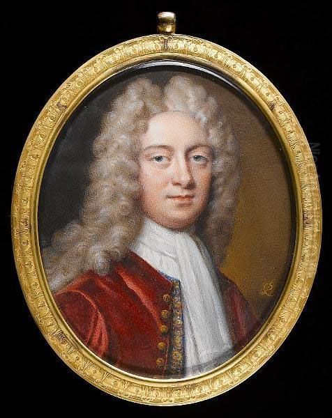 A Gentleman, Wearing Crimson Coat With Gold Buttons Over Blue Waistcoat Heavily Embroidered With Red And Gold Floral Motif, White Jabot And Long Powdered Wig. - view 1