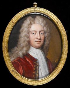 A Gentleman, Wearing Crimson Coat With Gold Buttons Over Blue Waistcoat Heavily Embroidered With Red And Gold Floral Motif, White Jabot And Long Powdered Wig.