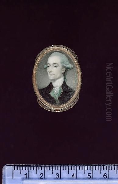 A Gentleman, Wearing Black Coat, Gold Trimmed Leaf-green Waistcoat, White Lace Cravat And Powdered Wig Worn - view 1