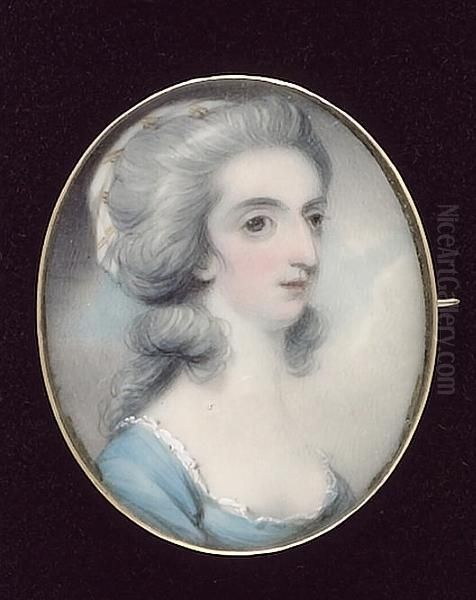 A Lady, Wearing Blue Dress With White Frilled Neckline, A Blue And Gold Turban In Her Curled And Powdered Hair - view 1