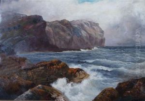 A Rocky Coastal Scene With Boats In The Distance by James Henry Crossland