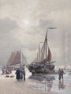 Fisherfolk On The Shore by William Edwards Croxford