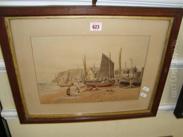 Figures With Beached Fishing Boat And Fishermens - view 1