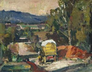 Man On Horse Beside Cart by Frank R. Crozier