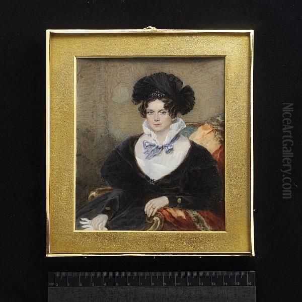 A Lady, Seated, Wearing Black Dress With White Fill-in And Standing Frilled Collar Tied With A Pale Blue Ribbon Bow, Black Headdress With Jewelled Pin, She Holds A White Glove, Her Fur-trimmed Red Cloak Draped Over The Chair. - view 1