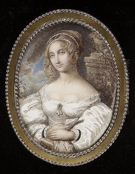 A Lady Of The Duffield Family Wearing White Dress, Gold Brooch Set With Blue Gem And Three Pendant Pearls At Her Corsage, Strands Of Pearls In Her Upswept Hair - view 1