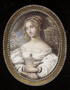 A Lady Of The Duffield Family Wearing White Dress, Gold Brooch Set With Blue Gem And Three Pendant Pearls At Her Corsage, Strands Of Pearls In Her Upswept Hair by Grace Cruickshank