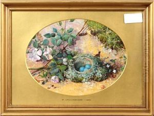 Still Life Of A Bird's Nest And Flowers On A Mossy Bank by William Cruickshank