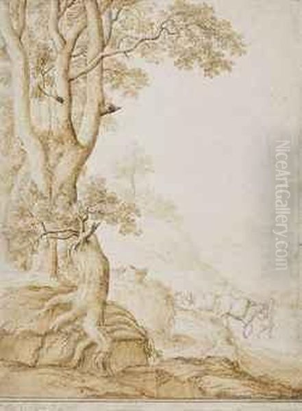 Paysage Arbore, Un Homme Et Ses Chevaux A L'arriere-plan - view 1