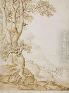 Paysage Arbore, Un Homme Et Ses Chevaux A L'arriere-plan by Anthonie, Anton Crussens