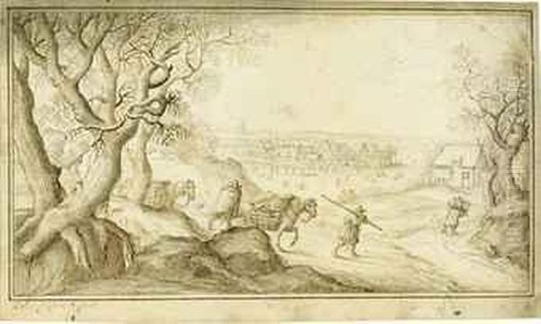Travellers With Their Horses In A Winter Landscape, Skaters On Afrozen Pond Beyond - view 1
